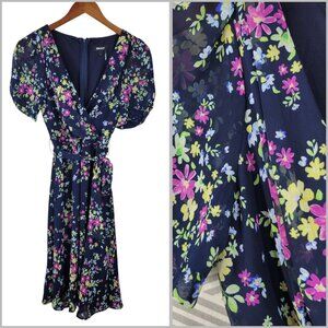 DKNY Party Dress 6 Mesh Chiffon Layered Navy Blue Floral Knee Length Belted